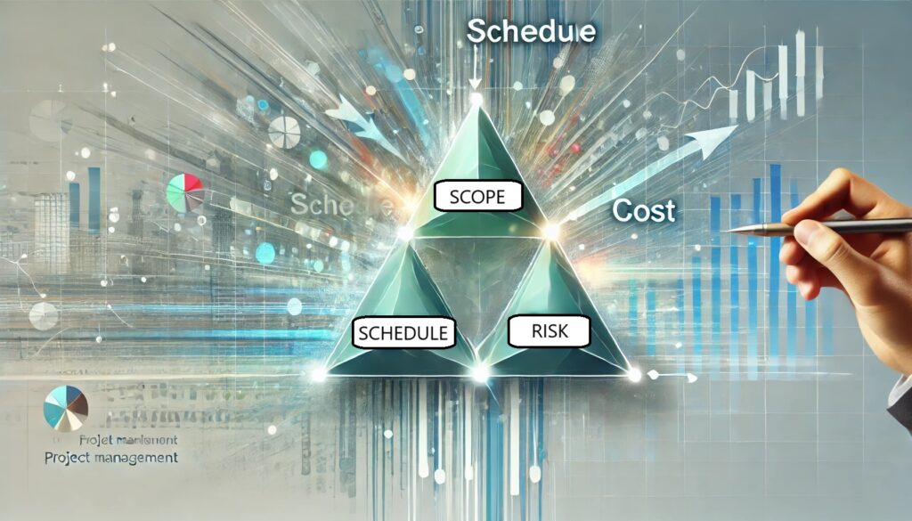 Fig.1. "It visually represents the concept of Scope, Schedule, and Cost, with the addition of Risk." prompt. DALL-E, version ChatGPT-4 (v2),OpenAI, 2nd Oct. 2024.https://labs.openai.com/