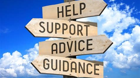 Signposts with the words Help, Support, Advice, and Guidance